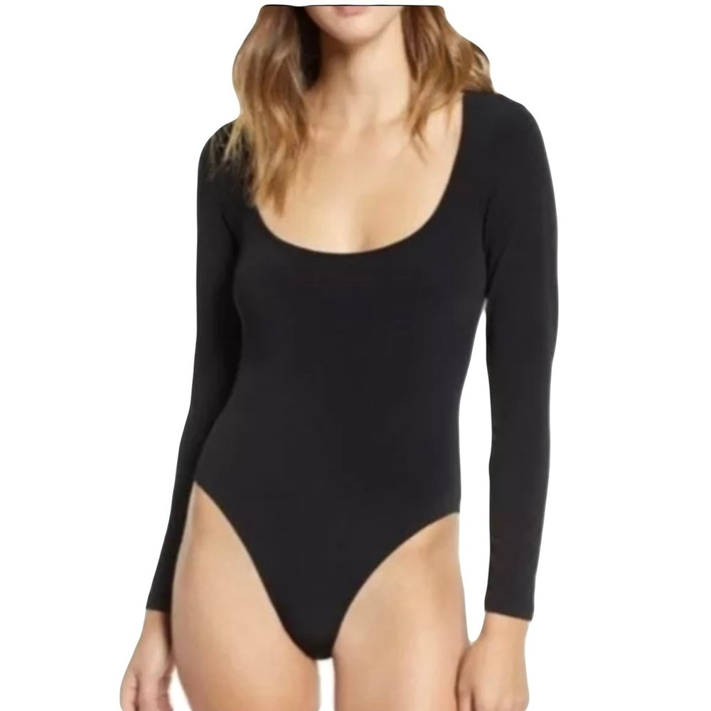 Leith Long Sleeve Double Scoop Neck Thong Black Bodysuit Small Like New